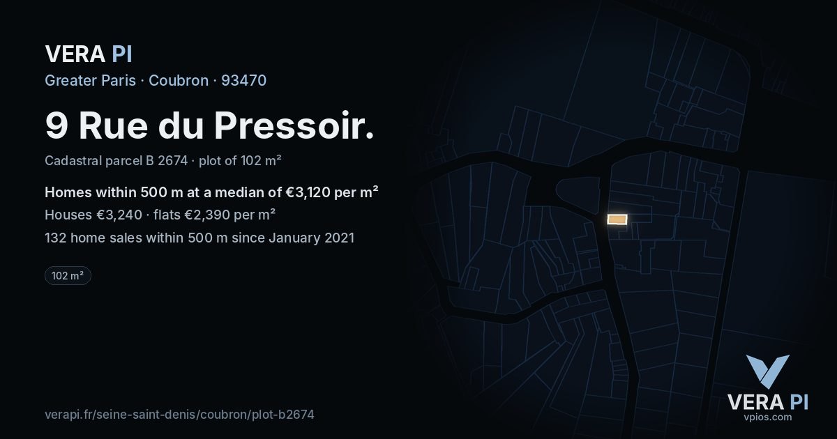 9 Rue du Pressoir, Coubron at night – the plot lit, the parcels around coloured by the prices near them