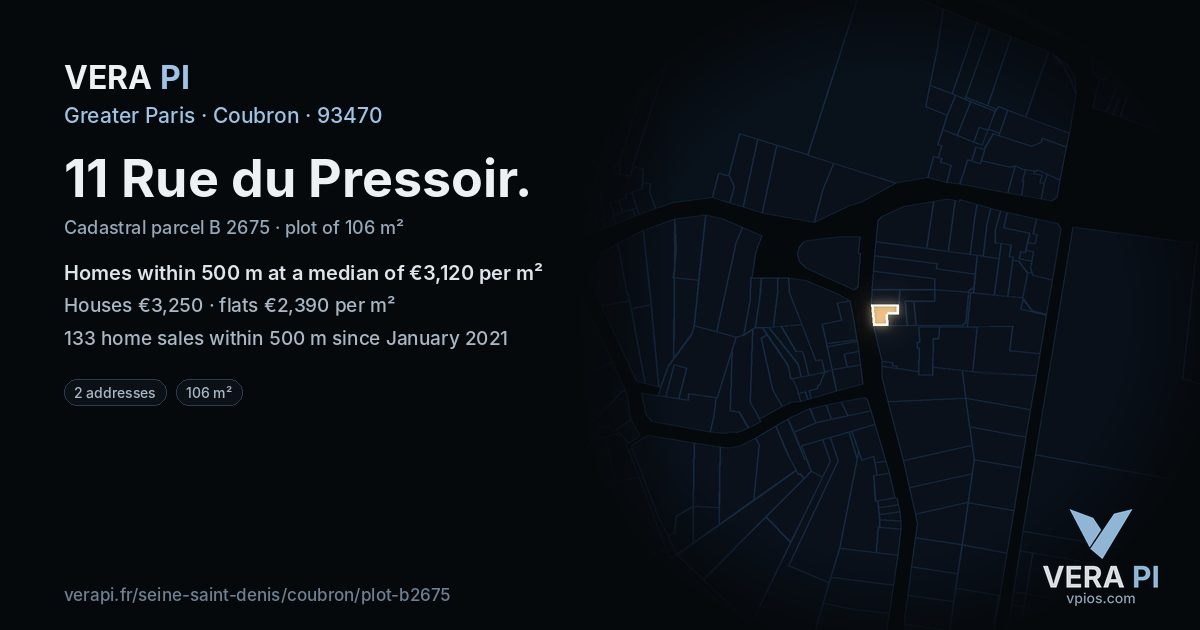 11 Rue du Pressoir, Coubron at night – the plot lit, the parcels around coloured by the prices near them