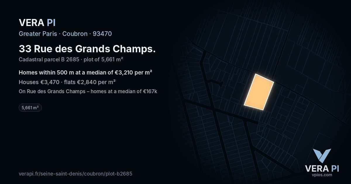 33 Rue des Grands Champs, Coubron at night – the plot lit, the parcels around coloured by the prices near them