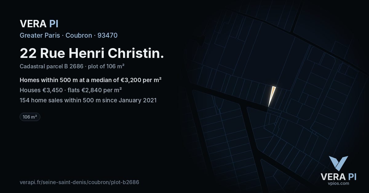 22 Rue Henri Christin, Coubron at night – the plot lit, the parcels around coloured by the prices near them