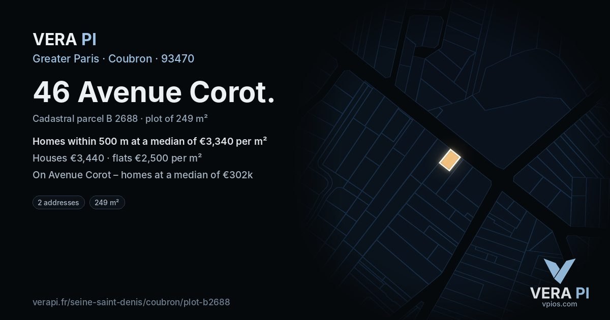 46 Avenue Corot, Coubron at night – the plot lit, the parcels around coloured by the prices near them