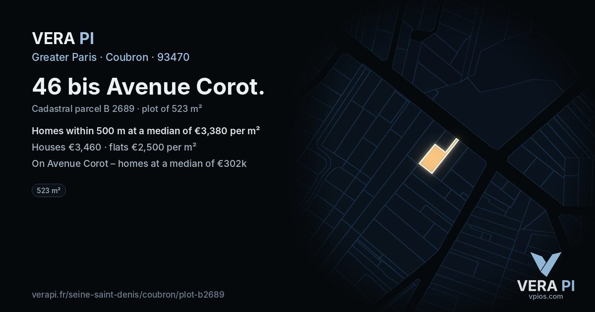 46 bis Avenue Corot, Coubron at night – the plot lit, the parcels around coloured by the prices near them