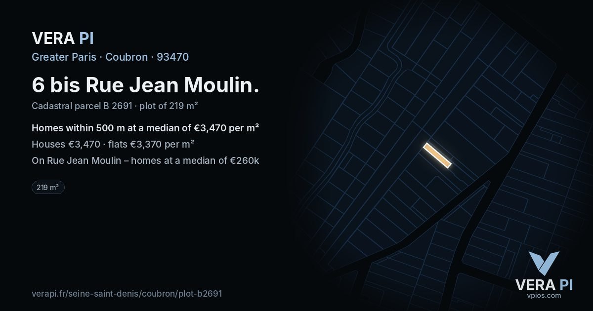 6 bis Rue Jean Moulin, Coubron at night – the plot lit, the parcels around coloured by the prices near them