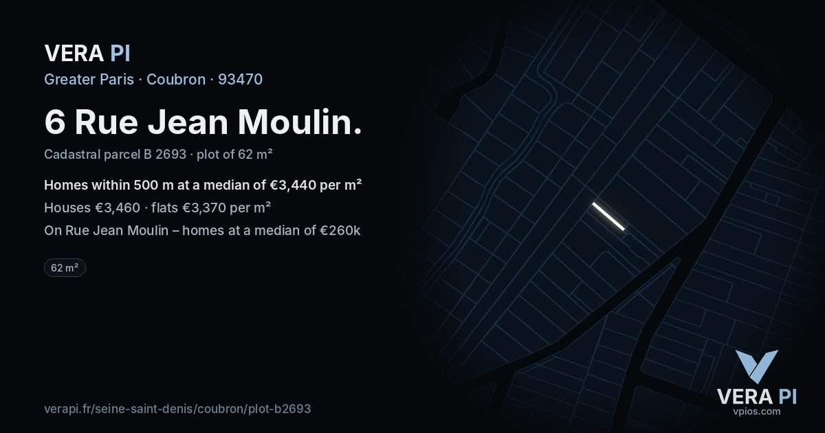 6 Rue Jean Moulin, Coubron at night – the plot lit, the parcels around coloured by the prices near them