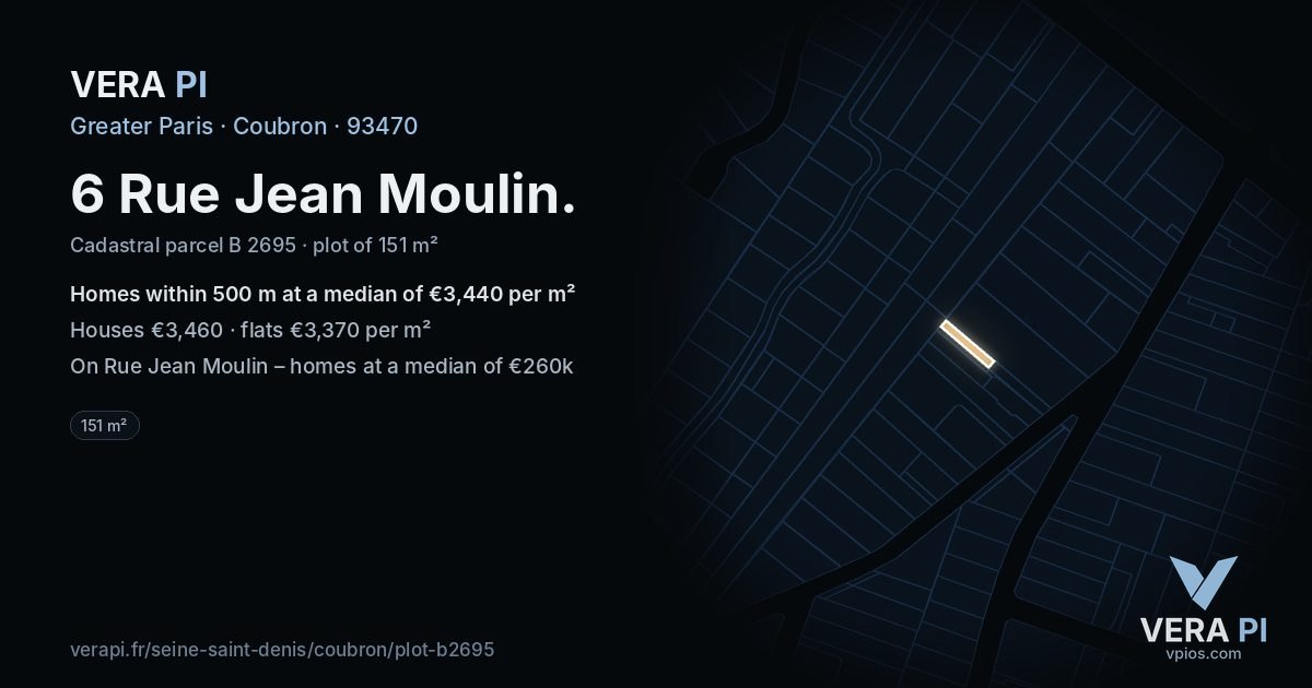 6 Rue Jean Moulin, Coubron at night – the plot lit, the parcels around coloured by the prices near them