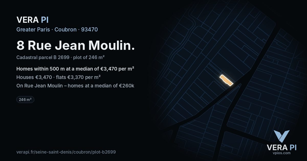 8 Rue Jean Moulin, Coubron at night – the plot lit, the parcels around coloured by the prices near them