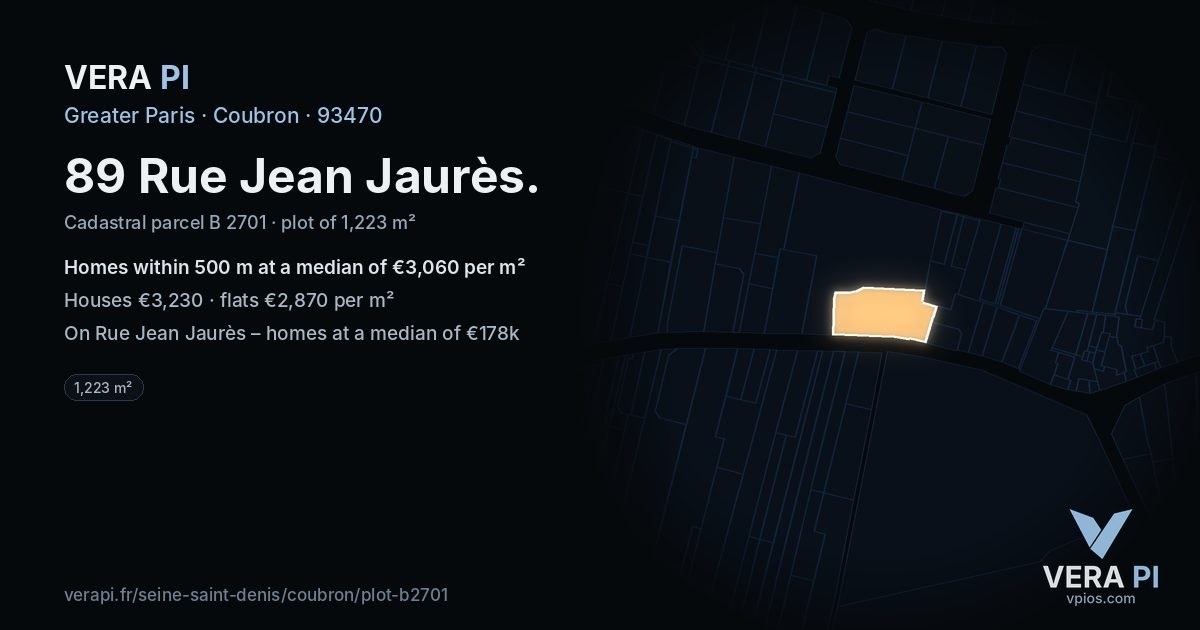 89 Rue Jean Jaurès, Coubron at night – the plot lit, the parcels around coloured by the prices near them