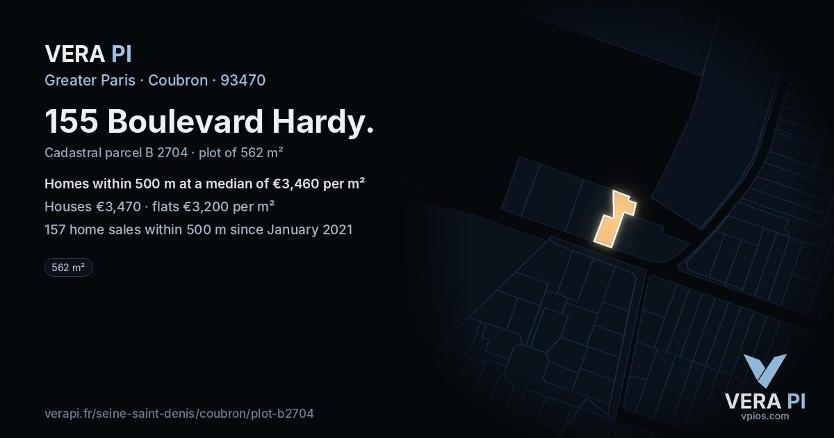 155 Boulevard Hardy, Coubron at night – the plot lit, the parcels around coloured by the prices near them