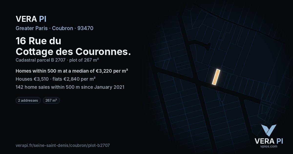16 Rue du Cottage des Couronnes, Coubron at night – the plot lit, the parcels around coloured by the prices near them