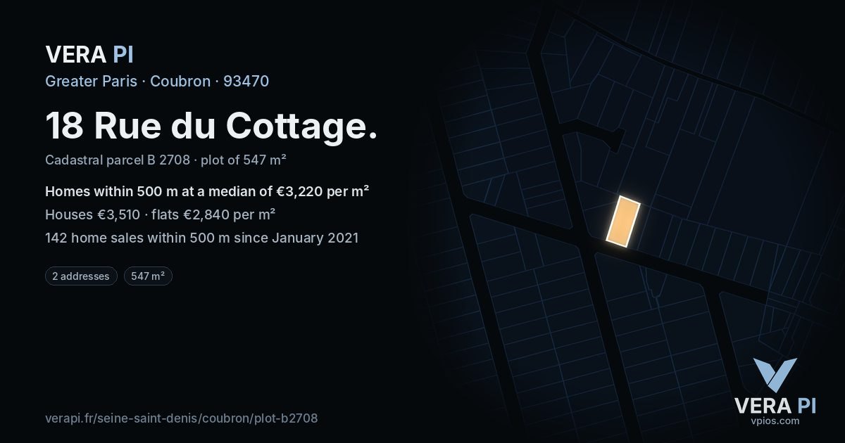 18 Rue du Cottage, Coubron at night – the plot lit, the parcels around coloured by the prices near them