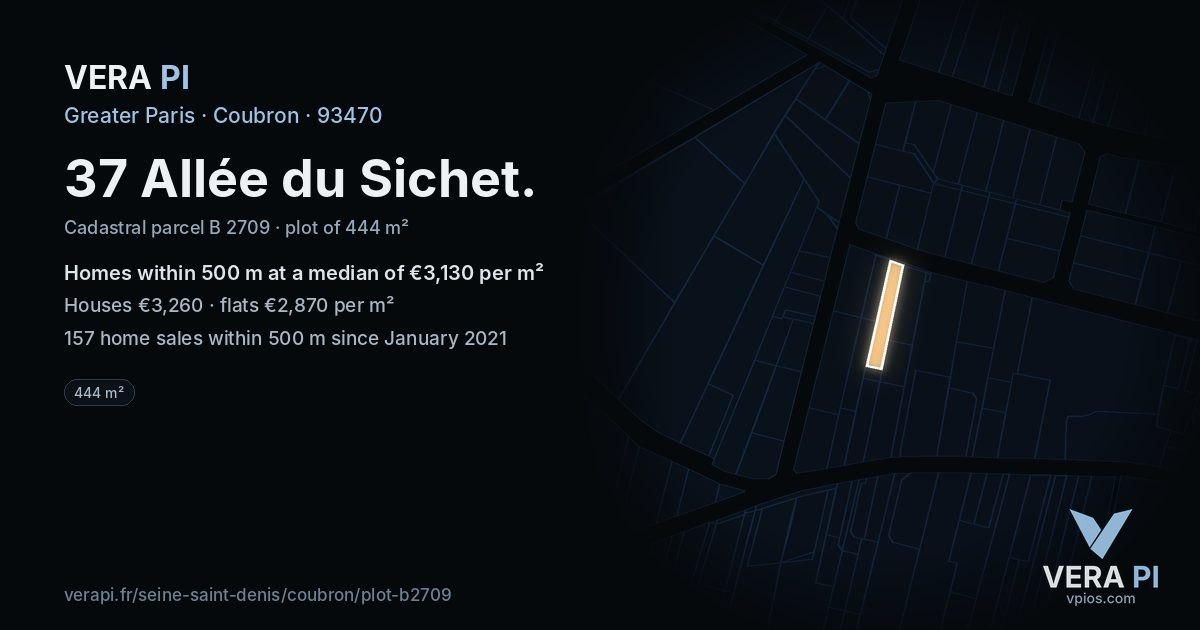 37 Allée du Sichet, Coubron at night – the plot lit, the parcels around coloured by the prices near them