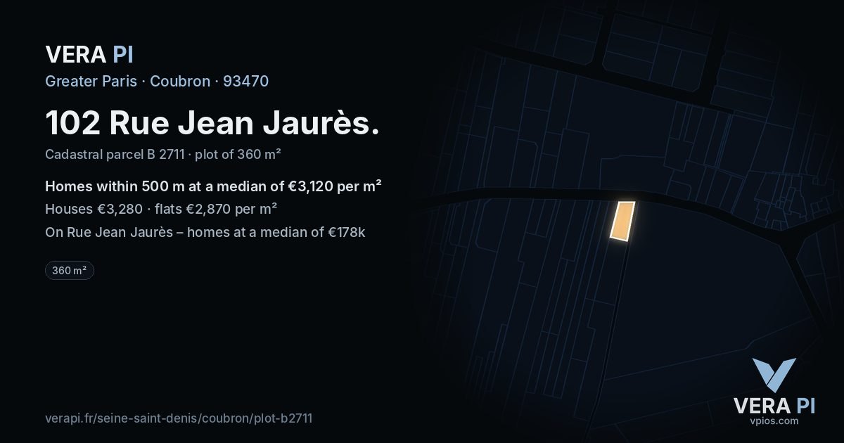 102 Rue Jean Jaurès, Coubron at night – the plot lit, the parcels around coloured by the prices near them