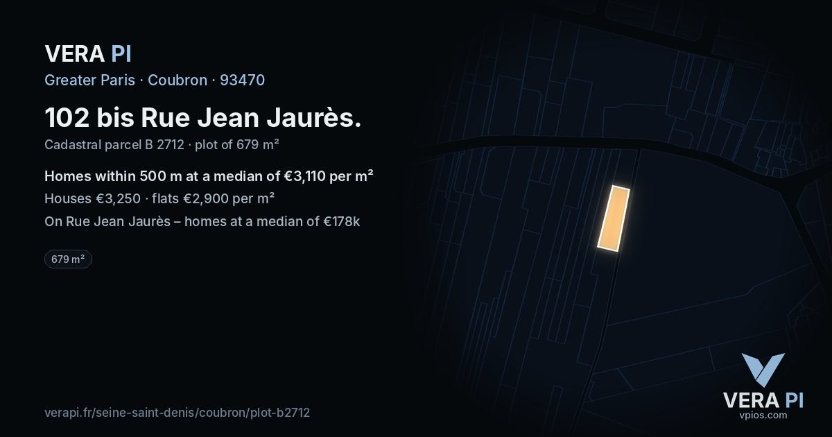 102 bis Rue Jean Jaurès, Coubron at night – the plot lit, the parcels around coloured by the prices near them