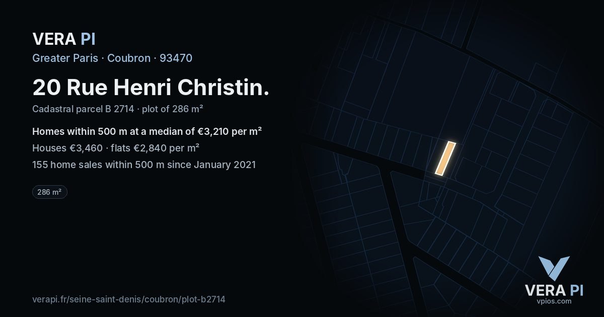 20 Rue Henri Christin, Coubron at night – the plot lit, the parcels around coloured by the prices near them