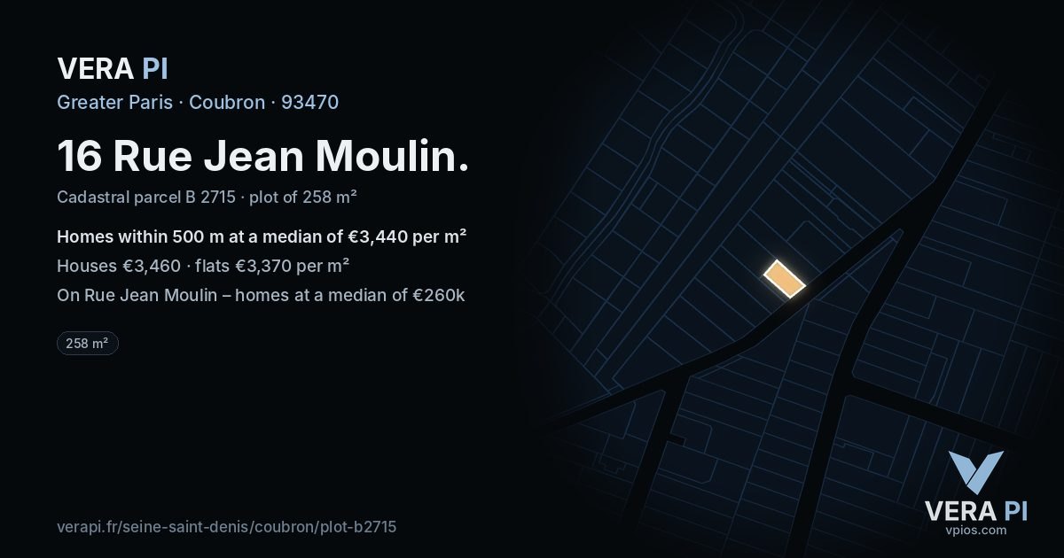 16 Rue Jean Moulin, Coubron at night – the plot lit, the parcels around coloured by the prices near them