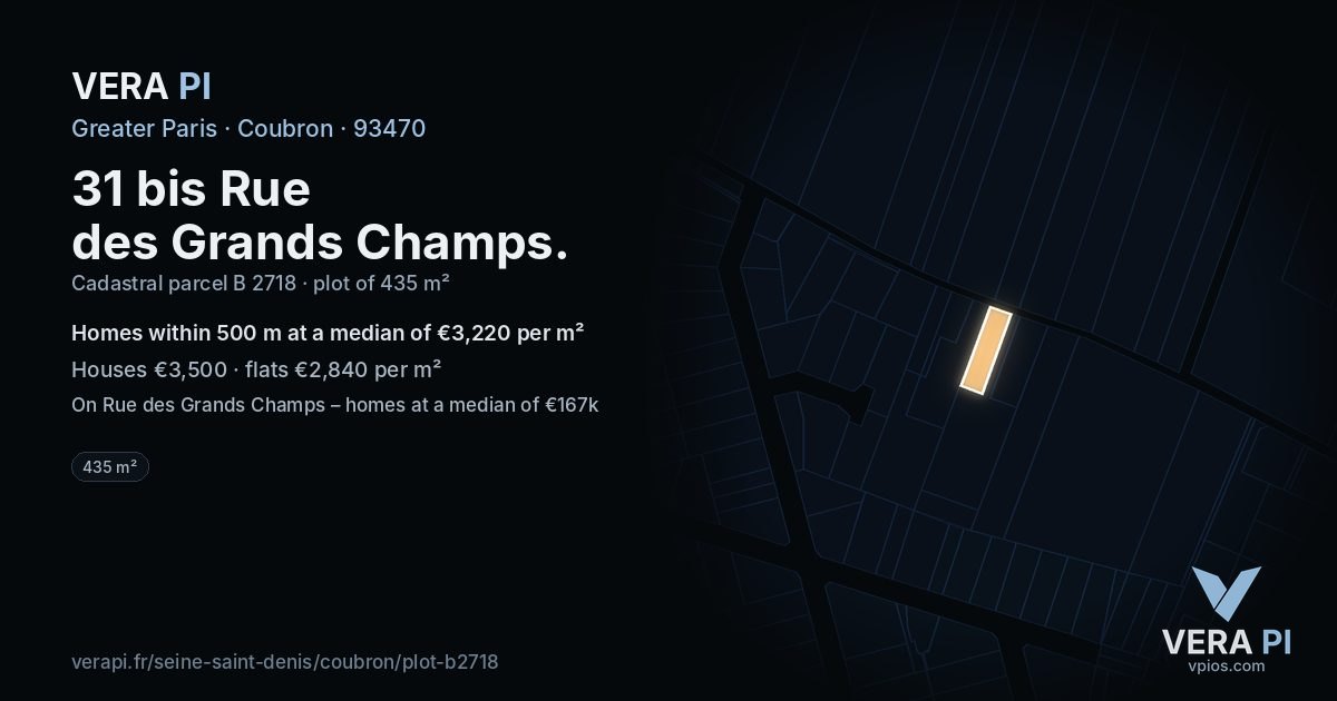 31 bis Rue des Grands Champs, Coubron at night – the plot lit, the parcels around coloured by the prices near them