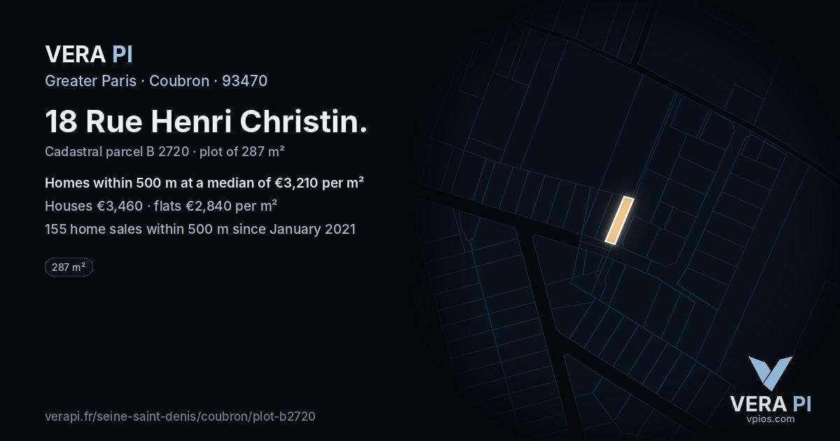 18 Rue Henri Christin, Coubron at night – the plot lit, the parcels around coloured by the prices near them