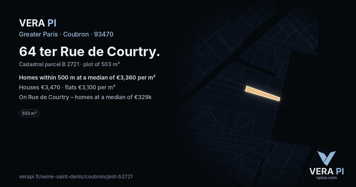 64 ter Rue de Courtry, Coubron at night – the plot lit, the parcels around coloured by the prices near them