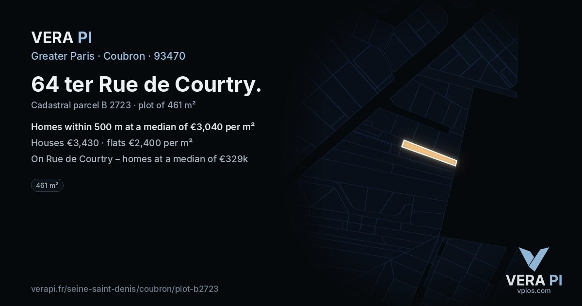 64 ter Rue de Courtry, Coubron at night – the plot lit, the parcels around coloured by the prices near them