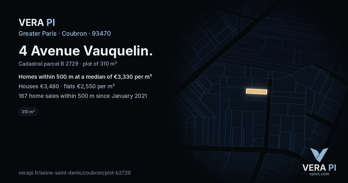 4 Avenue Vauquelin, Coubron at night – the plot lit, the parcels around coloured by the prices near them