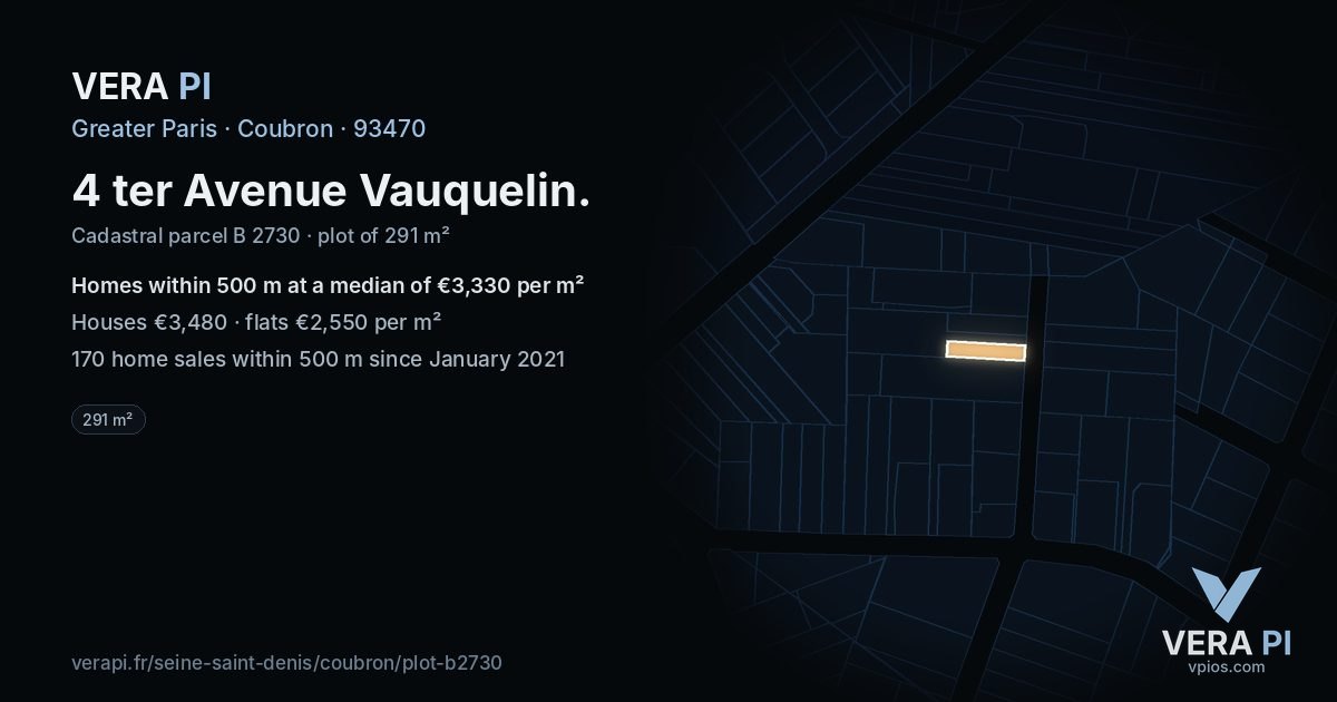 4 ter Avenue Vauquelin, Coubron at night – the plot lit, the parcels around coloured by the prices near them