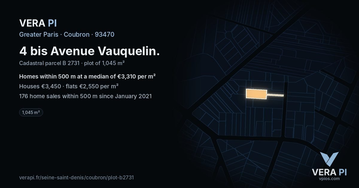 4 bis Avenue Vauquelin, Coubron at night – the plot lit, the parcels around coloured by the prices near them