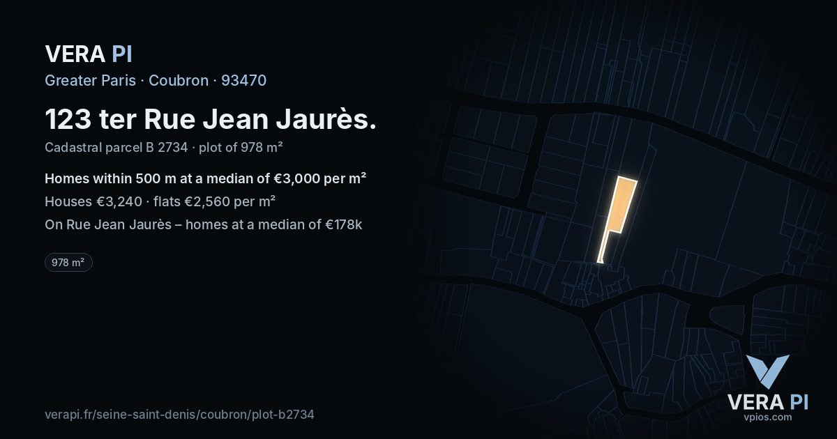 123 ter Rue Jean Jaurès, Coubron at night – the plot lit, the parcels around coloured by the prices near them