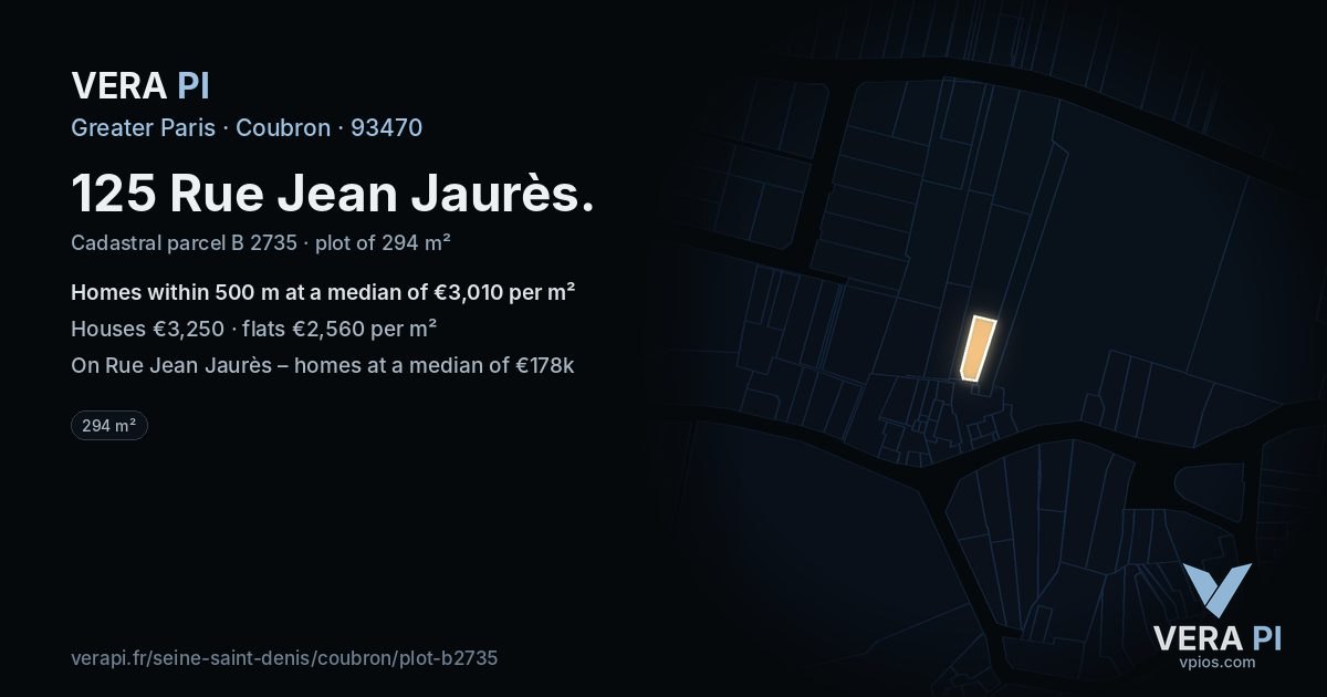 125 Rue Jean Jaurès, Coubron at night – the plot lit, the parcels around coloured by the prices near them