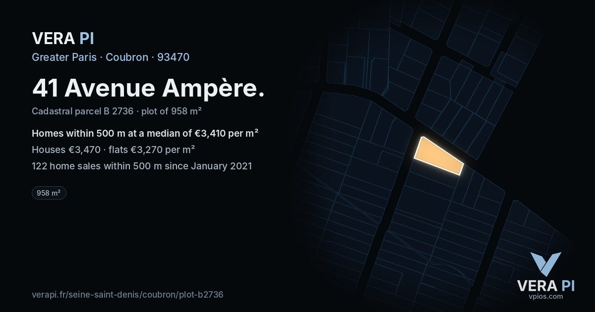 41 Avenue Ampère, Coubron at night – the plot lit, the parcels around coloured by the prices near them
