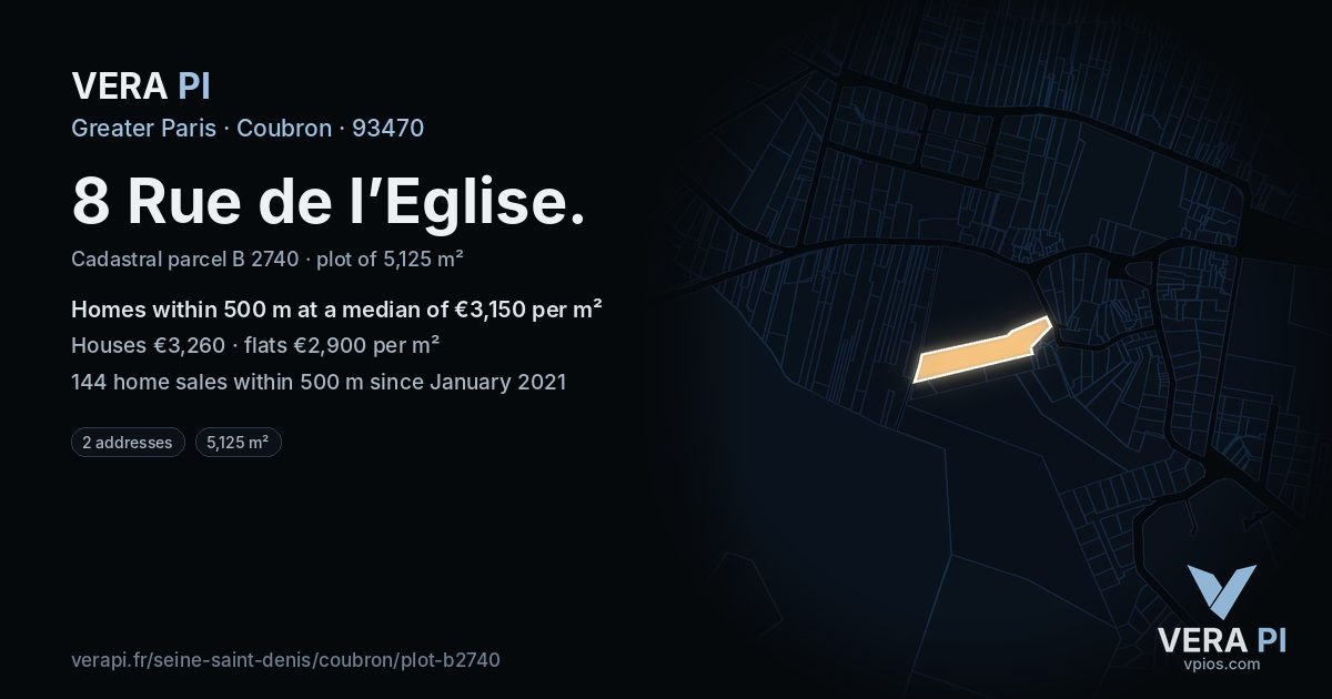 8 Rue de l’Eglise, Coubron at night – the plot lit, the parcels around coloured by the prices near them