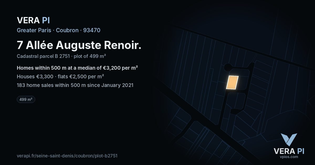 7 Allée Auguste Renoir, Coubron at night – the plot lit, the parcels around coloured by the prices near them