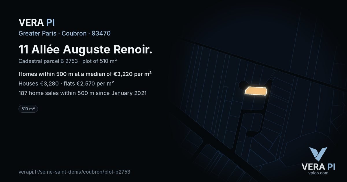 11 Allée Auguste Renoir, Coubron at night – the plot lit, the parcels around coloured by the prices near them