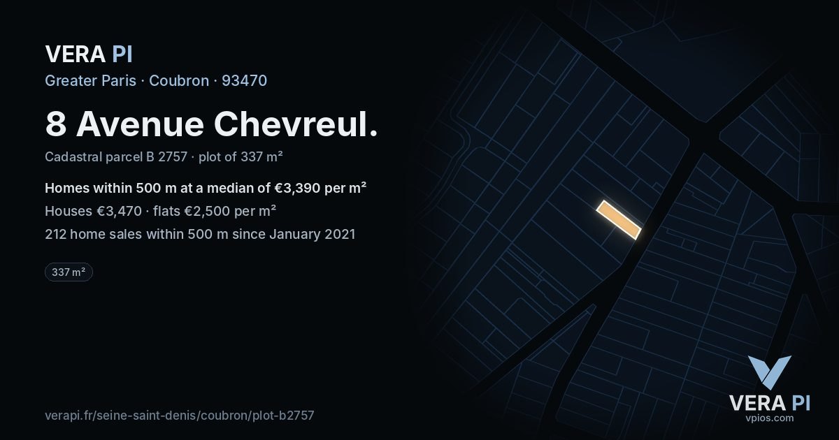 8 Avenue Chevreul, Coubron at night – the plot lit, the parcels around coloured by the prices near them