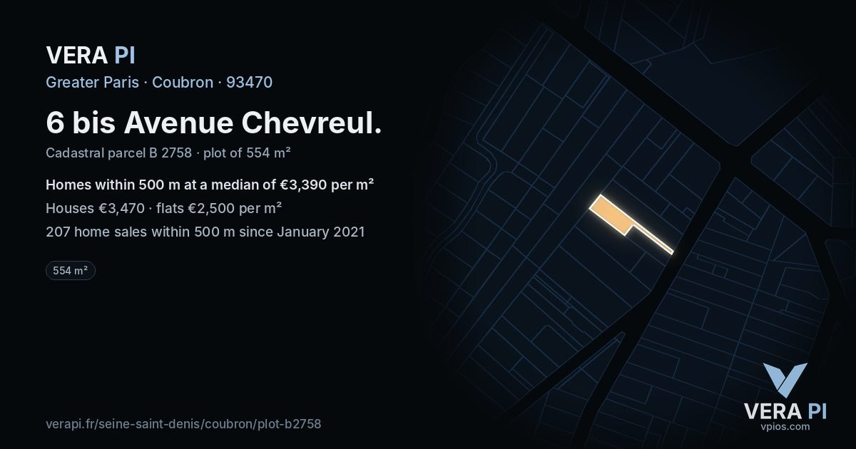 6 bis Avenue Chevreul, Coubron at night – the plot lit, the parcels around coloured by the prices near them