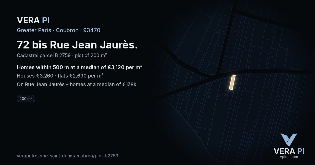 72 bis Rue Jean Jaurès, Coubron at night – the plot lit, the parcels around coloured by the prices near them