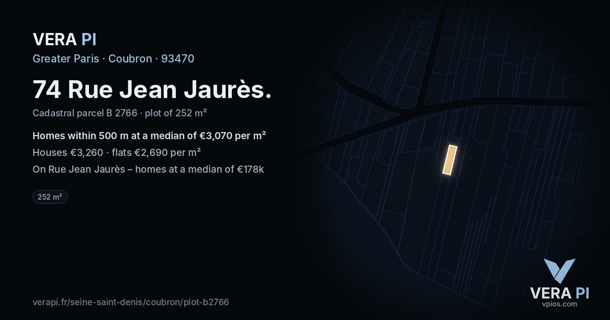 74 Rue Jean Jaurès, Coubron at night – the plot lit, the parcels around coloured by the prices near them