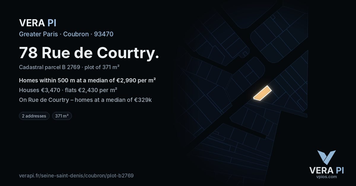 78 Rue de Courtry, Coubron at night – the plot lit, the parcels around coloured by the prices near them