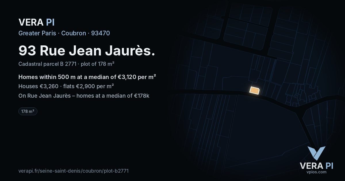 93 Rue Jean Jaurès, Coubron at night – the plot lit, the parcels around coloured by the prices near them