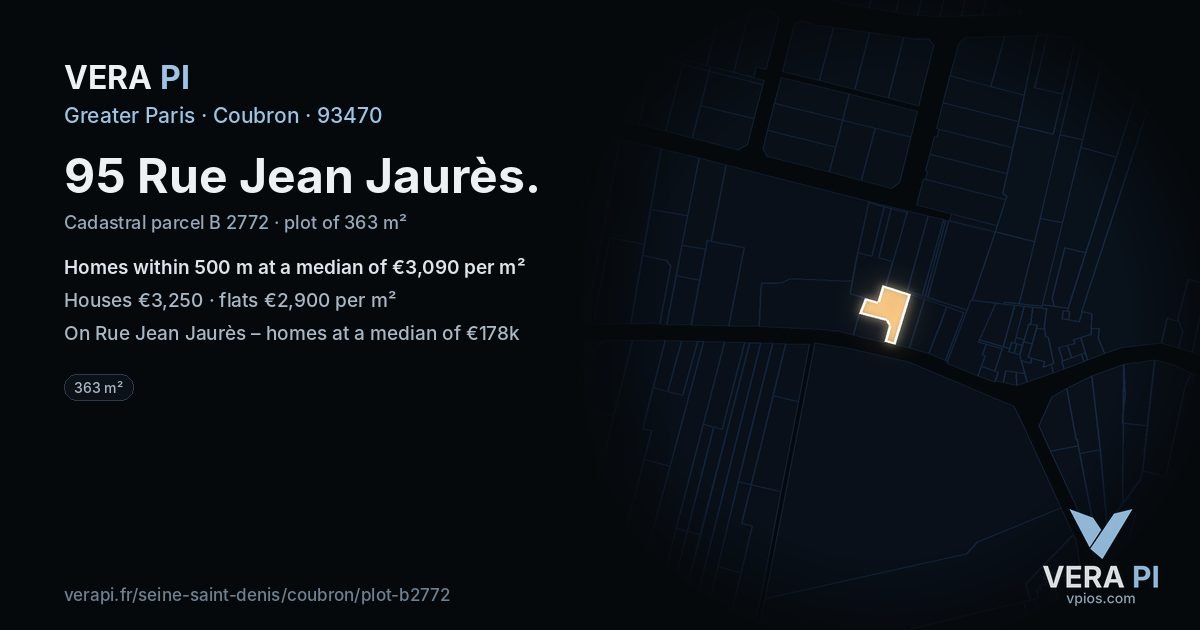 95 Rue Jean Jaurès, Coubron at night – the plot lit, the parcels around coloured by the prices near them
