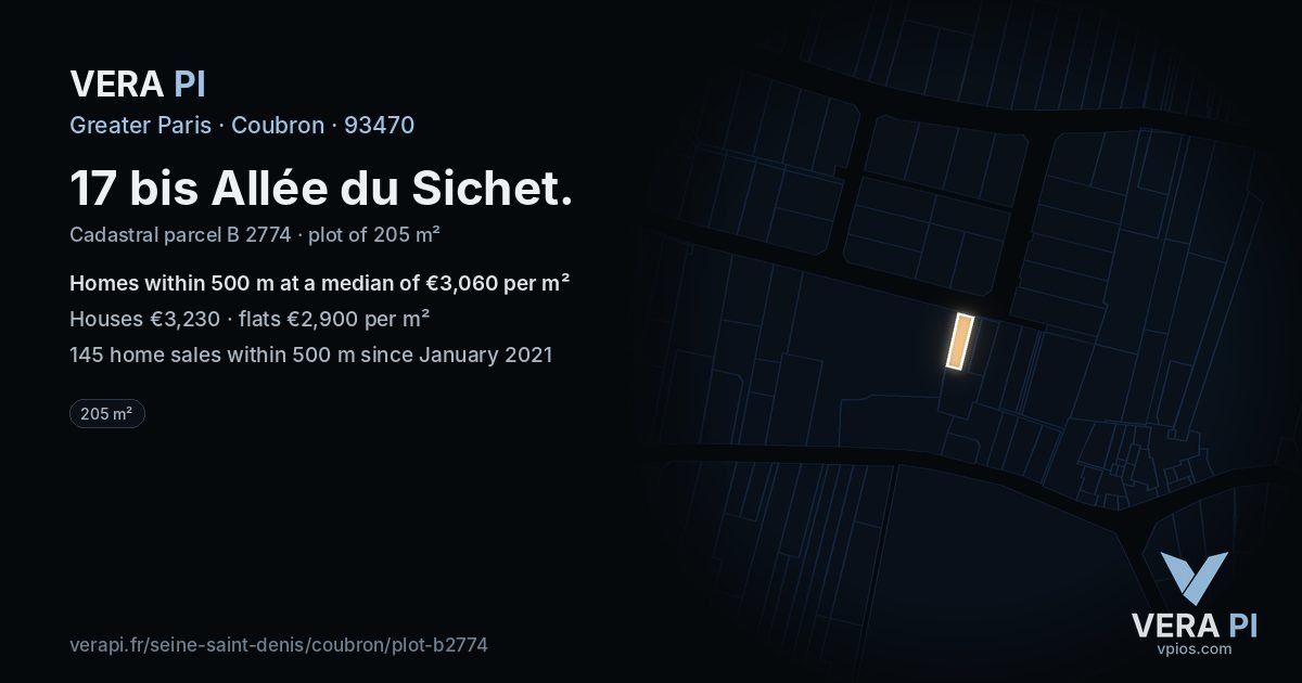 17 bis Allée du Sichet, Coubron at night – the plot lit, the parcels around coloured by the prices near them
