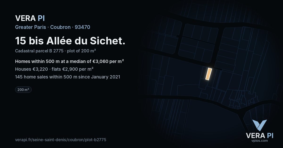 15 bis Allée du Sichet, Coubron at night – the plot lit, the parcels around coloured by the prices near them