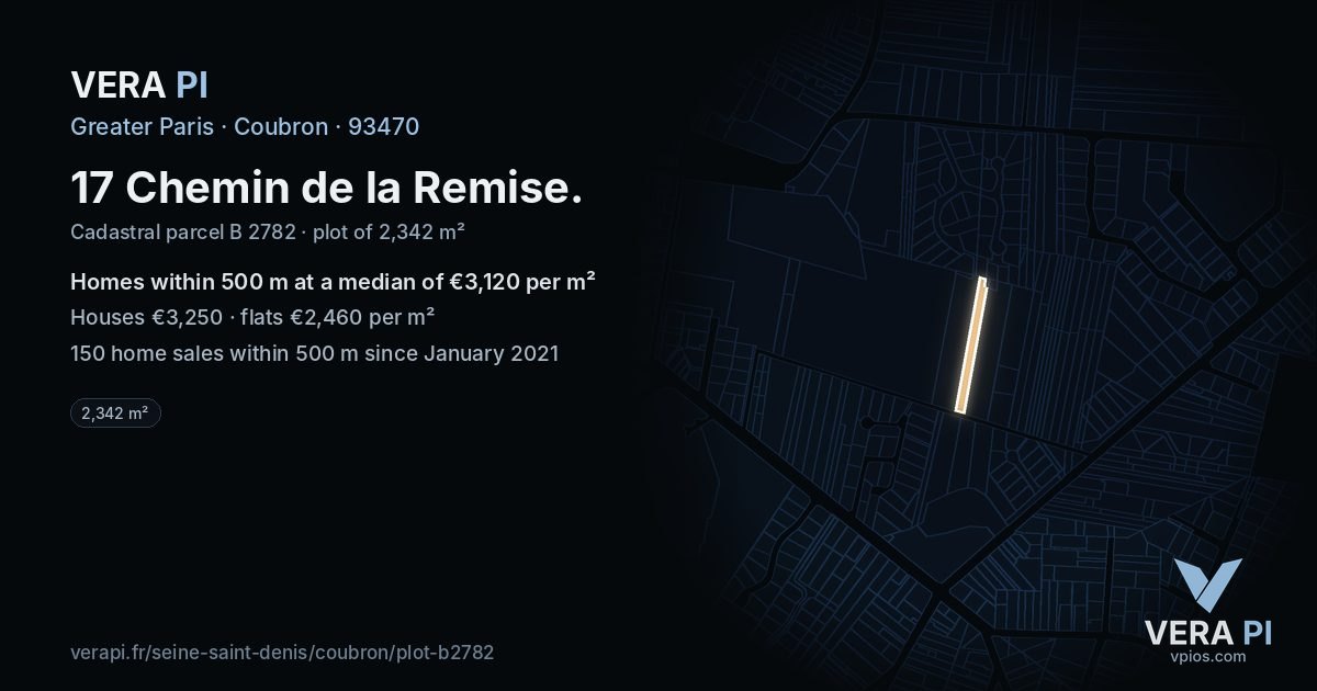 17 Chemin de la Remise, Coubron at night – the plot lit, the parcels around coloured by the prices near them