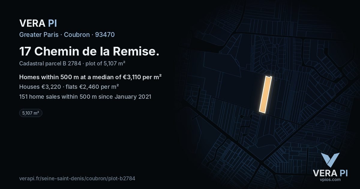 17 Chemin de la Remise, Coubron at night – the plot lit, the parcels around coloured by the prices near them