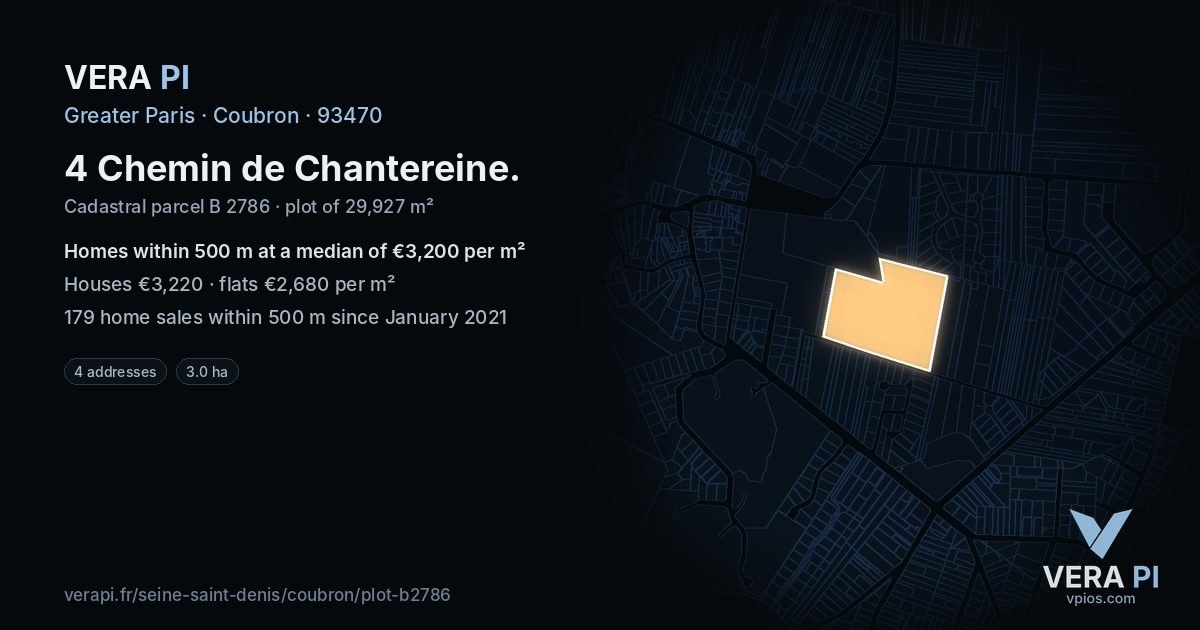 4 Chemin de Chantereine, Coubron at night – the plot lit, the parcels around coloured by the prices near them