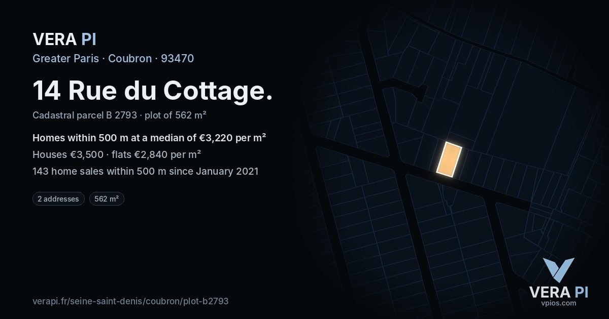 14 Rue du Cottage, Coubron at night – the plot lit, the parcels around coloured by the prices near them