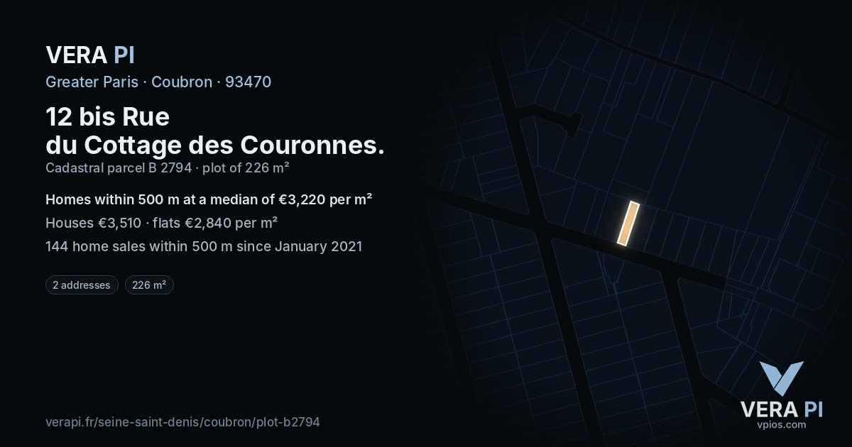 12 bis Rue du Cottage des Couronnes, Coubron at night – the plot lit, the parcels around coloured by the prices near them