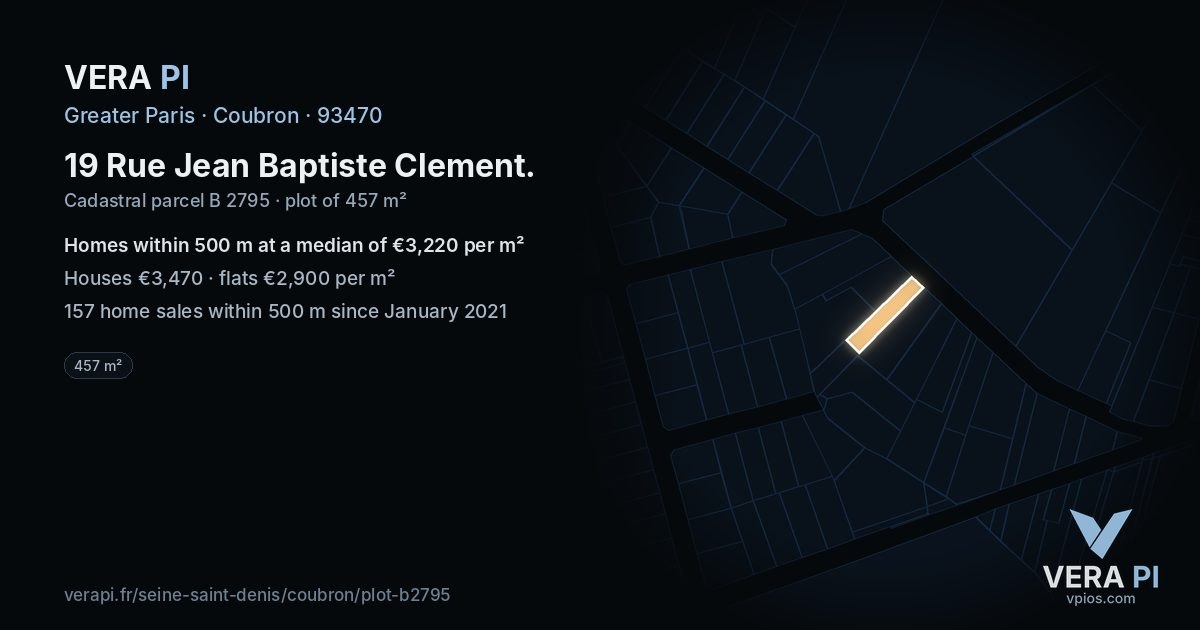 19 Rue Jean Baptiste Clement, Coubron at night – the plot lit, the parcels around coloured by the prices near them
