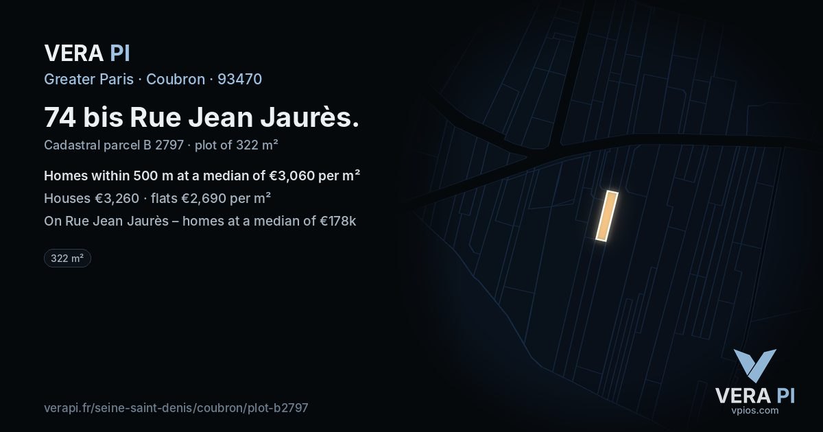 74 bis Rue Jean Jaurès, Coubron at night – the plot lit, the parcels around coloured by the prices near them