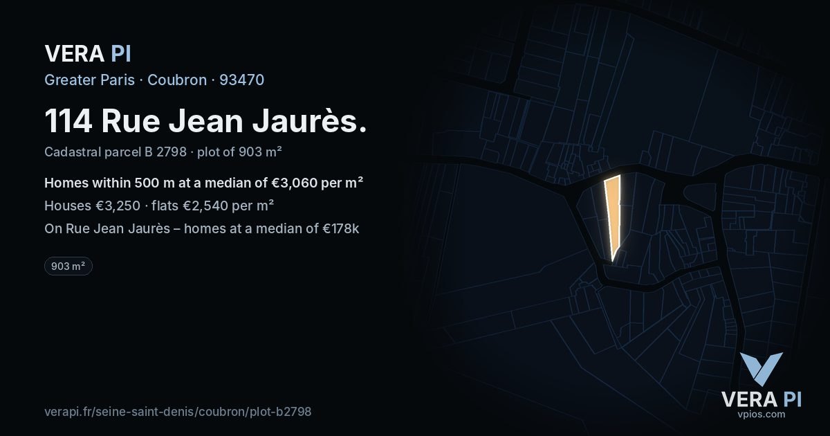 114 Rue Jean Jaurès, Coubron at night – the plot lit, the parcels around coloured by the prices near them