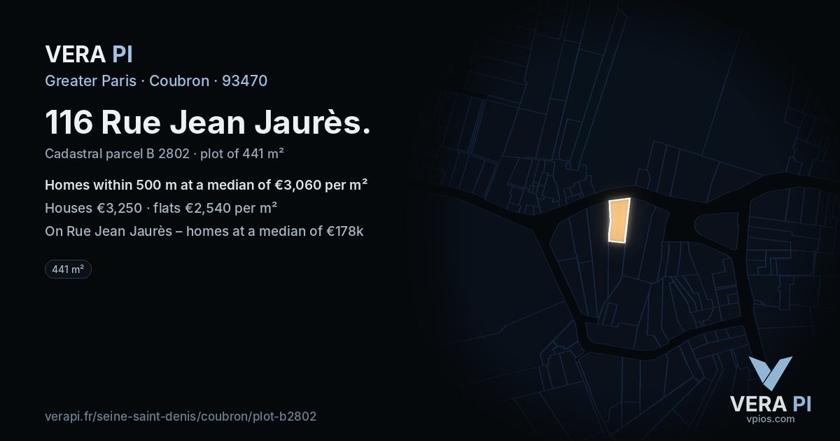 116 Rue Jean Jaurès, Coubron at night – the plot lit, the parcels around coloured by the prices near them